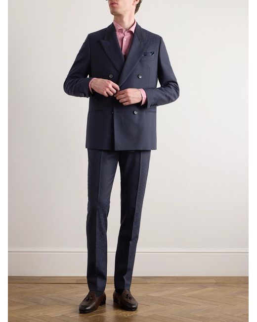 Etro Blue Double-Breasted Felt-Trimmed Wool-Jacquard Suit Jacket for men