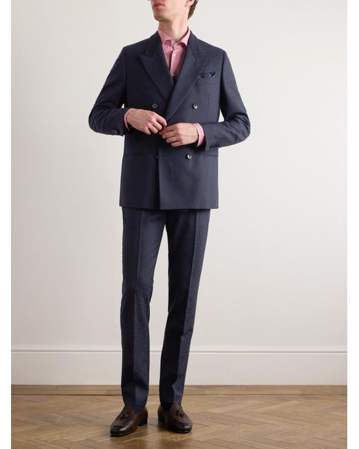 Etro Blue Double-breasted Felt-trimmed Wool-jacquard Suit Jacket for men
