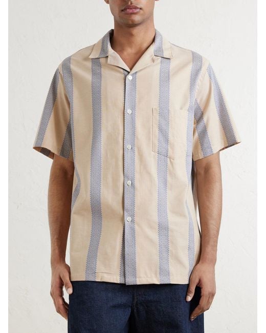 Portuguese Flannel Natural Lousada Camp-Collar Embroidered Striped Cotton Shirt for men