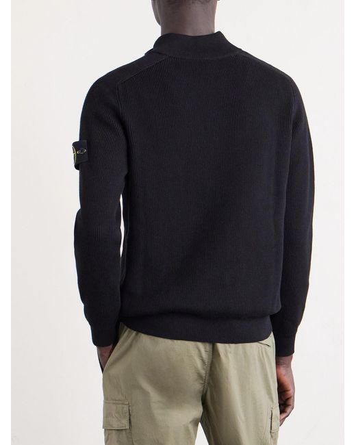 Stone Island Blue Ribbed-Knit Organic Cotton Half-Zip Sweater for men