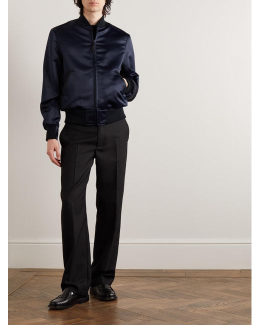 Golden Bear Blue Sukajan Leather-Trimmed Satin Bomber Jacket for men