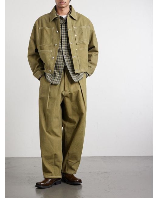 STORY mfg. Green Lush Wide-Leg Pleated Organic Cotton-Canvas Trousers for men