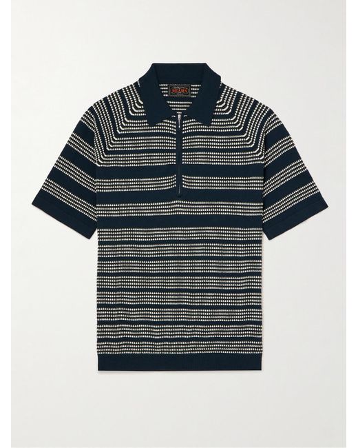 Beams Plus Blue Striped Cotton-jacquard Half-zip Polo Shirt for men