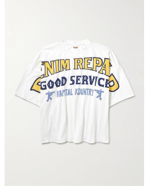 T-shirt oversize in jersey di cotone con stampa Denim Repair di Kapital in White da Uomo