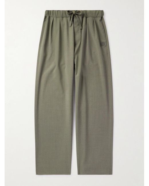 Loewe Green Wide-Leg Logo-Embroidered Pleated Wool Drawstring Trousers for men