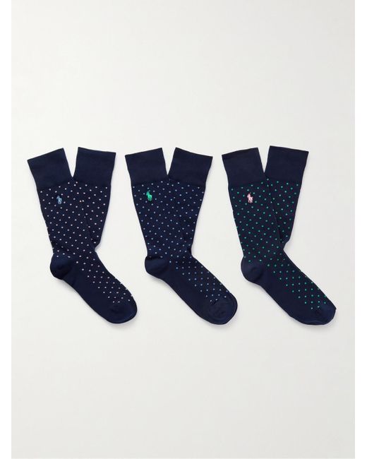 Confezione da tre paia di calze in cotone a pois con logo ricamato di Polo Ralph Lauren in Blue da Uomo