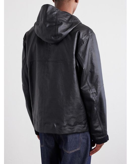Stone Island Black Logo-Appliquéd Leather Hooded Jacket for men
