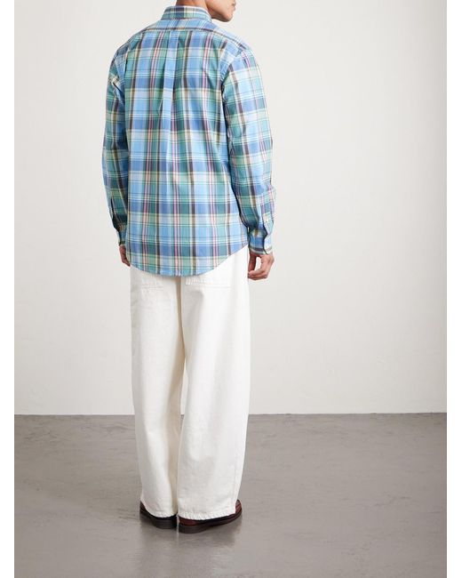 Polo Ralph Lauren Blue Button-Down Collar Logo-Embroidered Checked Cotton Shirt for men