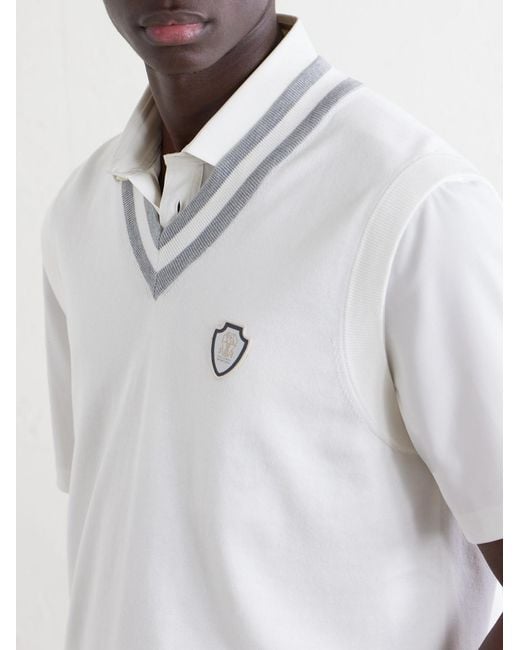 Brunello Cucinelli White Logo-Embroidered Cotton Golf Sweater Vest for men