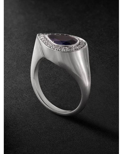 42 Suns Ring aus 14 Karat Weißgold mit synthetischem Saphir und synthetischen Diamanten in Black für Herren