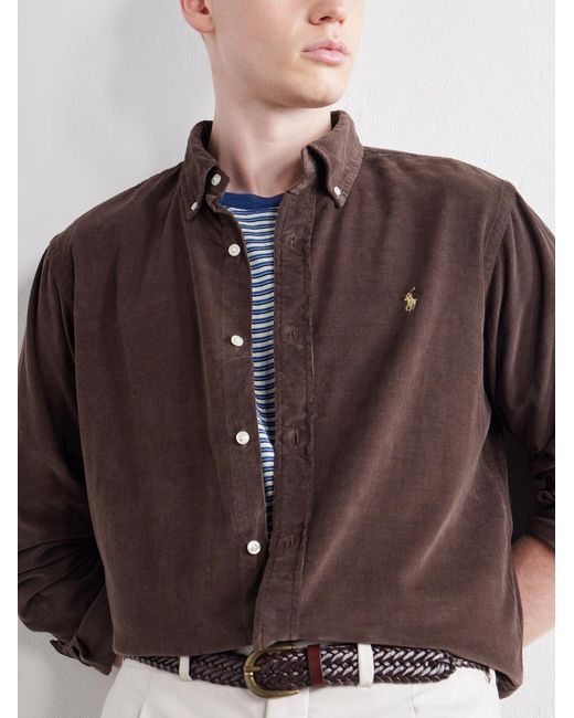 Polo Ralph Lauren Brown Button-Down Collar Logo-Embroidered Cotton-Corduroy Shirt for men