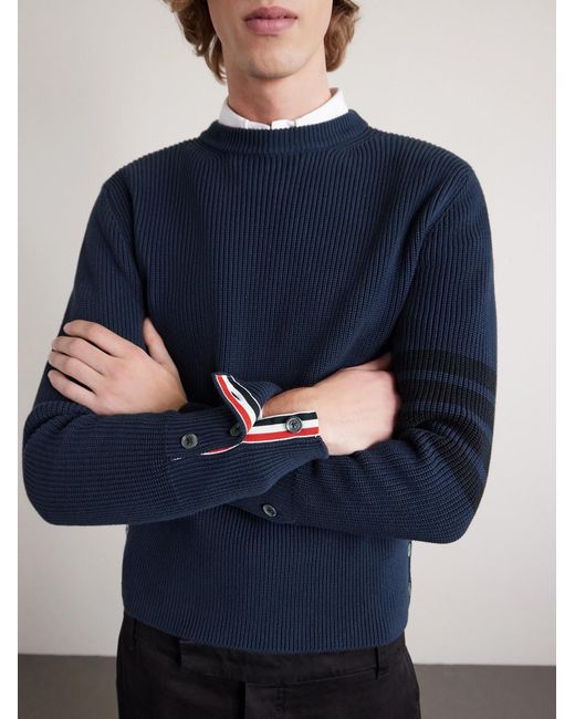 Thom Browne Blue Slim-Fit Striped Cotton Sweater for men