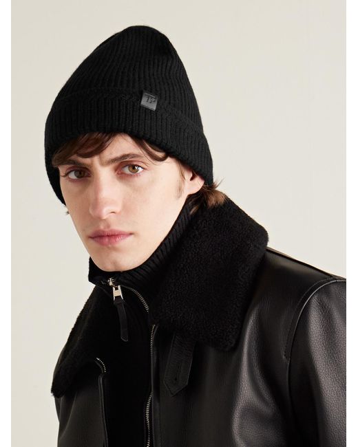 Tom Ford Black Leather-trimmed Ribbed Wool And Cashmere-blend Beanie