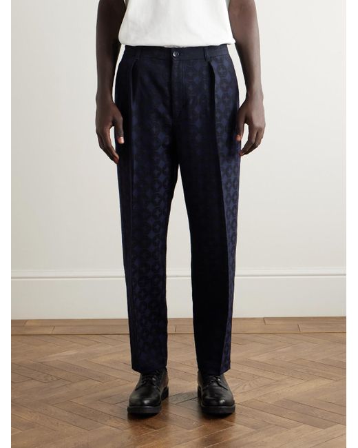 Blue Blue Japan Blue Straight-Leg Pleated Cotton And Wool-Blend Jacquard Suit Trousers for men