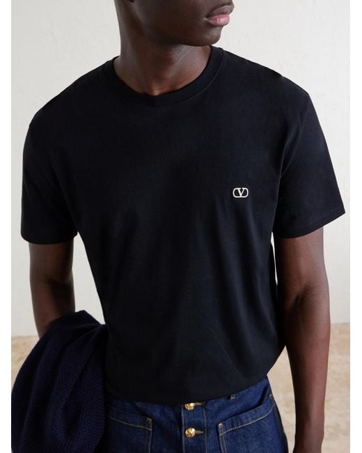 Valentino Garavani Black Logo-Embroidered Cotton-Jersey T-Shirt for men