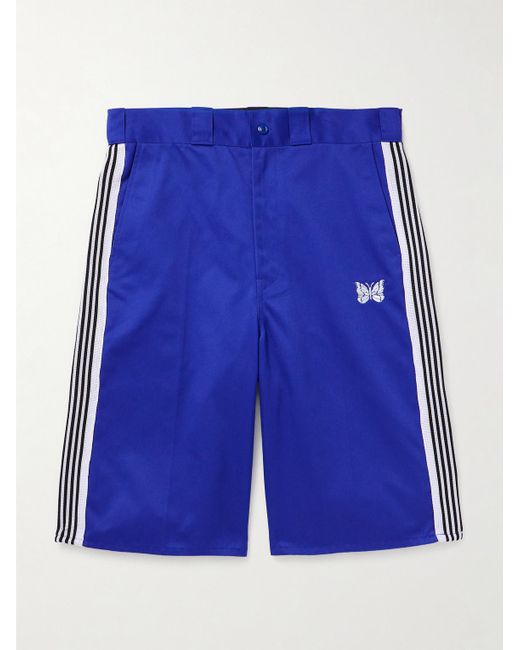 Needles Blue Wide-leg Webbing-trimmed Logo-embroidered Cotton-blend Twill Shorts for men