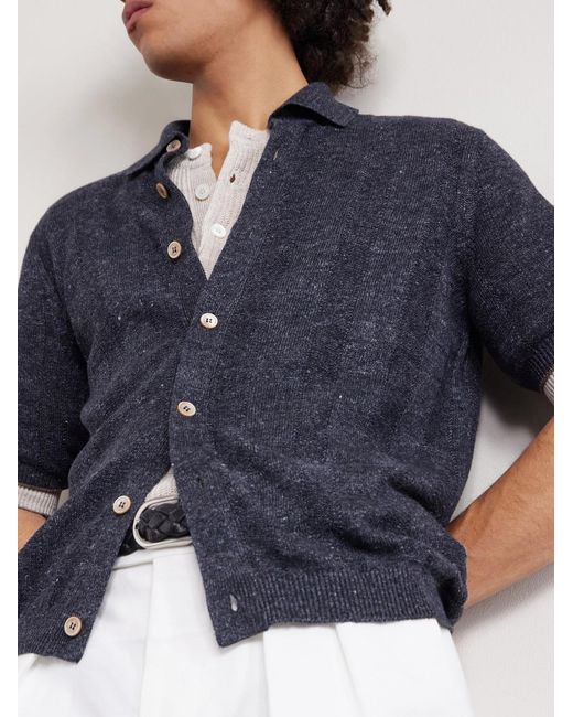 Brunello Cucinelli Blue Linen And Cotton-blend Polo Shirt for men
