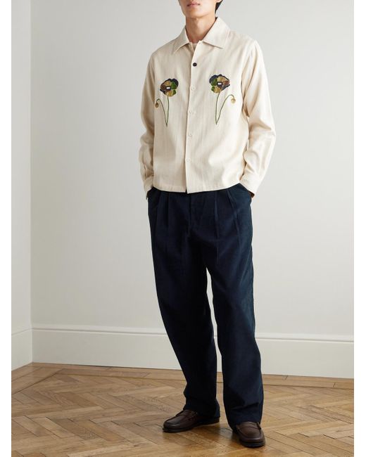 Kardo Blue Antonio Straight-Leg Embroidered Cotton-Corduroy Trousers for men