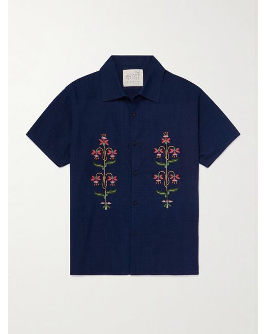 Kardo Blue Chintan Convertible-collar Embroidered Cotton Shirt for men