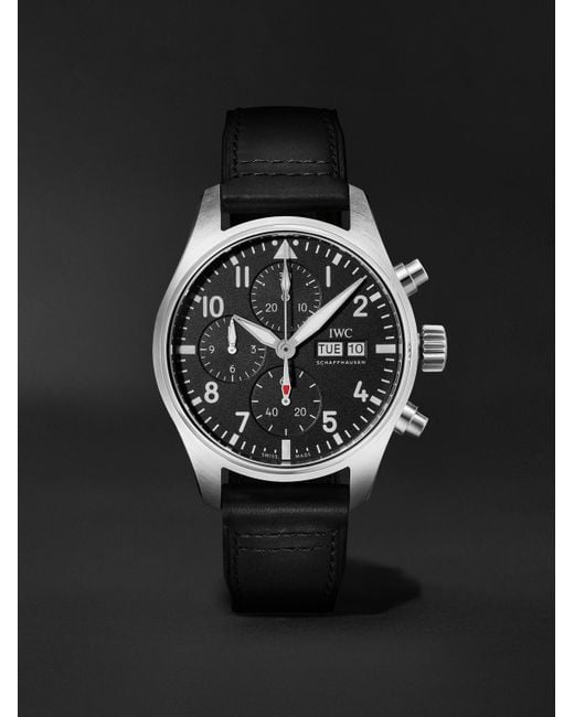 Iwc Black Pilot's Automatic Chronograph 41mm Stainless Steel And Leather Watch for men