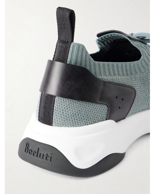 Berluti Green Shadow Leather-Trimmed Stretch-Knit Sneakers for men