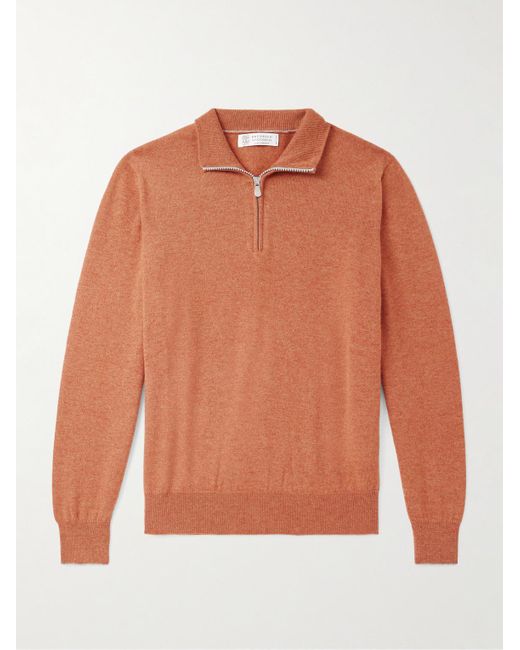 Brunello Cucinelli Orange Cashmere Half-Zip Sweater for men
