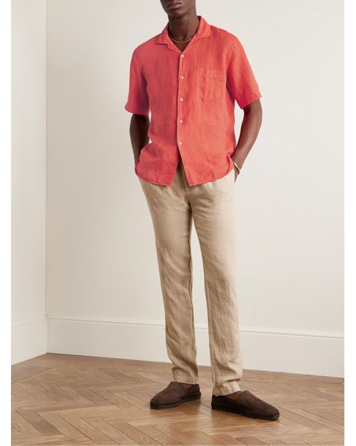 Hartford Red Palm Convertible-collar Linen Shirt for men