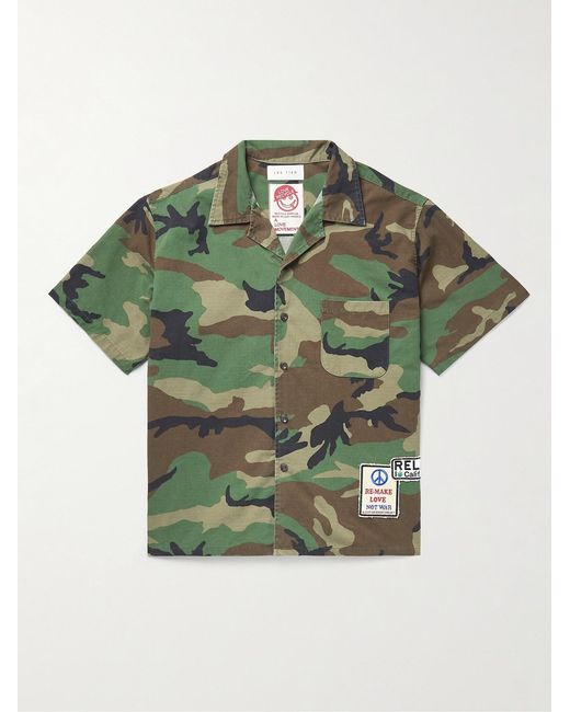 Les Tien Green Camp-collar Appliquéd Camouflage-print Cotton-ripstop Shirt for men