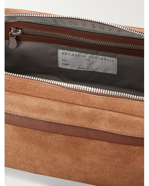 Brunello Cucinelli Brown Leather-trimmed Suede Wash Bag for men