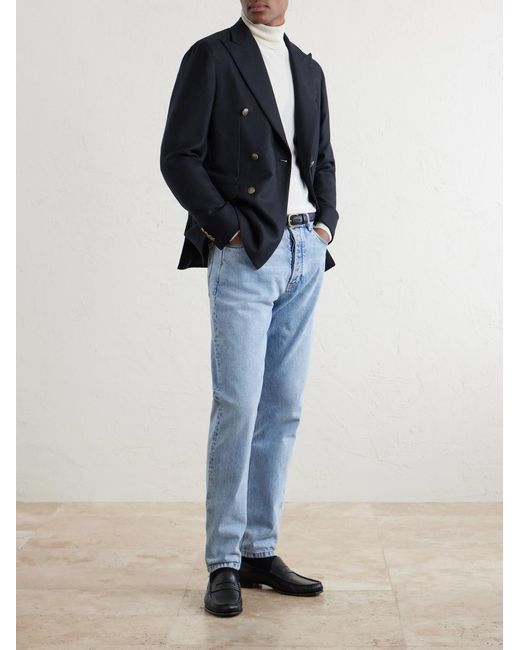 Caruso Blue Aida Double-Breasted Wool-Basketweave Blazer for men