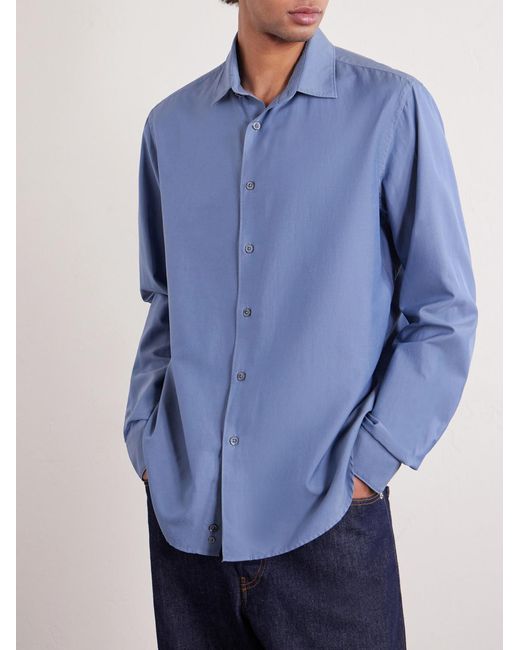 Canali Blue Garment-Dyed Cotton And Silk-Blend Shirt for men