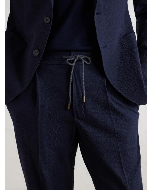Slowear Blue Tapered Cotton-Blend Seersucker Trousers for men