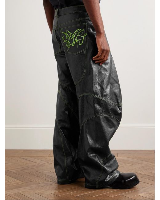 Acne Black Lorgata Wide-Leg Panelled Logo-Embroidered Leather Trousers for men