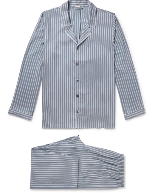 Zimmerli of Switzerland Blue Camp-collar Striped Woven Pyjama Set for men