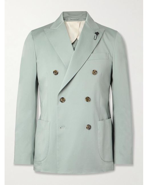 Lardini Green Double-Breasted Cotton-Blend Satin Suit Jacket for men