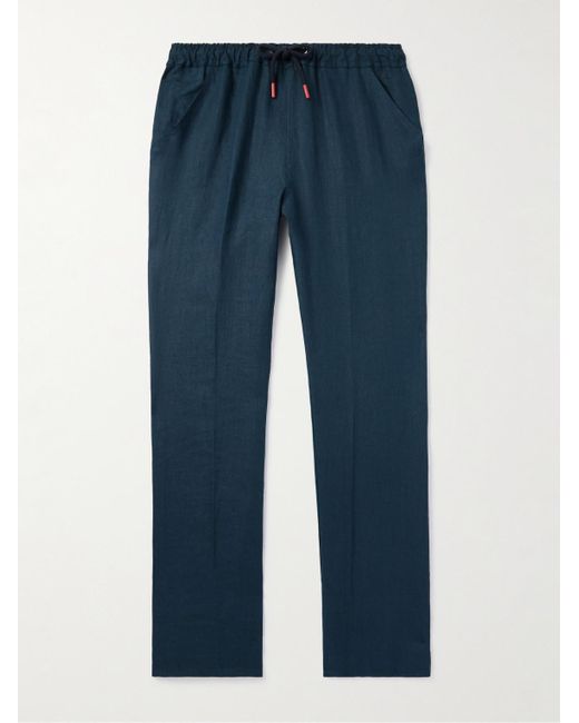 Kiton Blue Slim-Fit Straight-Leg Linen Drawstring Trousers for men