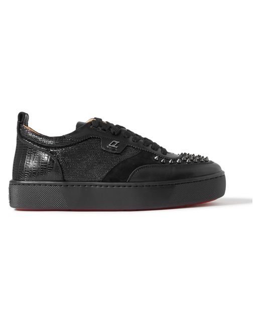 Christian Louboutin Black Happrui Spikes Suede And Leather-trimmed Mesh Sneakers for men