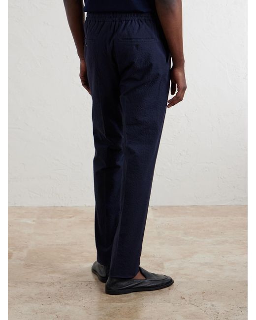 Slowear Blue Tapered Cotton-Blend Seersucker Trousers for men