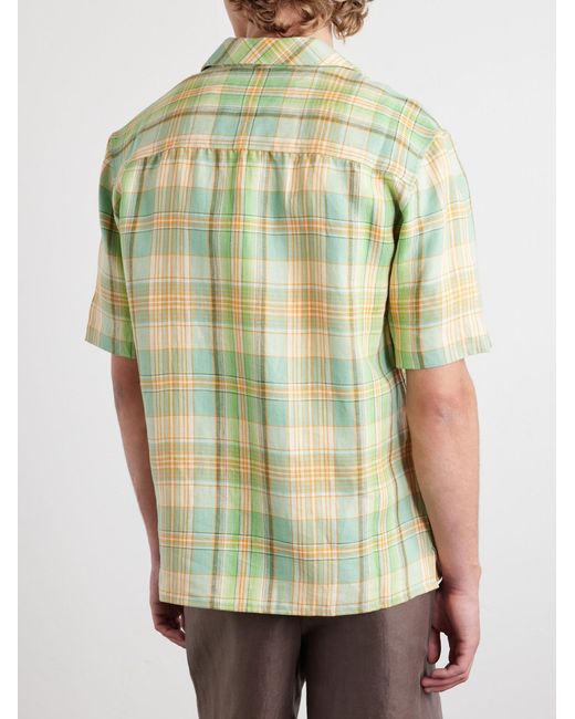 God's True Cashmere Green Convertible-Collar Checked Linen Shirt for men