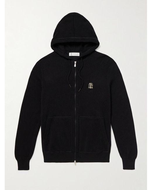 Brunello Cucinelli Kapuzenjacke aus Baumwolle in Rippstrick mit Logostickerei in Blue für Herren