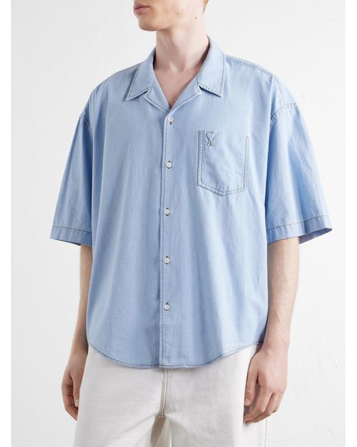 AMI Blue Logo-Embroidered Cotton-Chambray Shirt for men