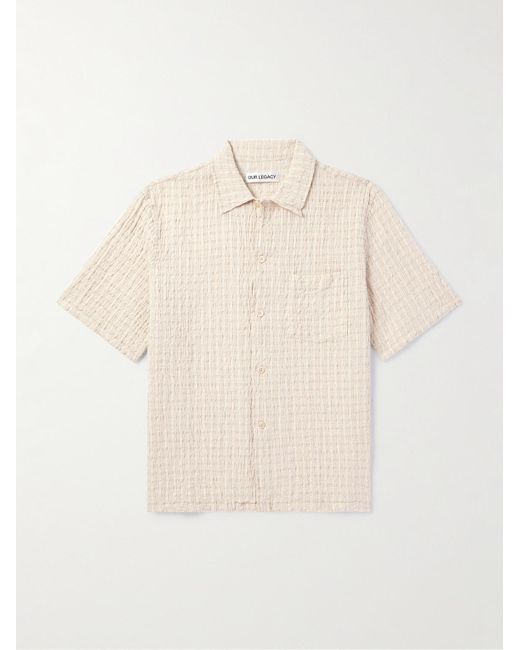 Our Legacy Natural Checked Cotton And Linen-blend Seersucker Shirt for men