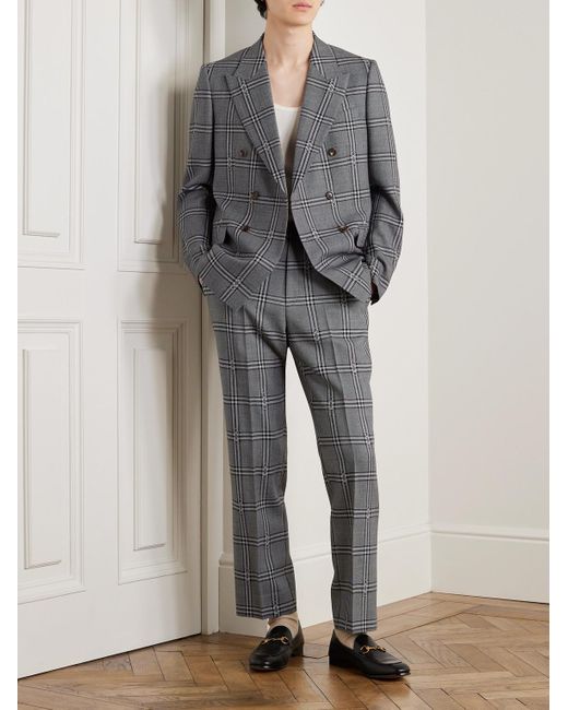 Gucci Gray Slim-fit Double-breasted Logo-jacquard Checked Wool Suit Jacket for men