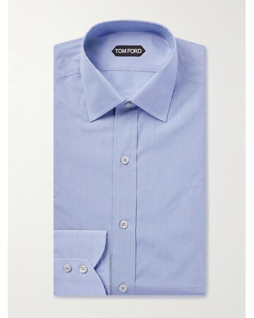 Tom Ford Blue Slim-Fit Cutaway-Collar Checked Cotton-Dobby Shirt for men