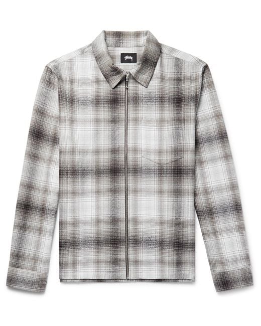 Stussy Gray Checked Cotton-flannel Zip-up Overshirt for men