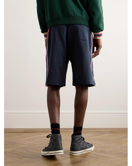 Gucci Blue Straight-leg Striped Logo-embroidered Cotton Drawstring Shorts for men