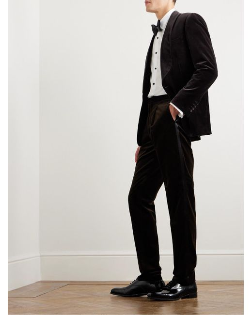 Brunello Cucinelli Black Straight-leg Pleated Satin-trimmed Cotton-velvet Tuxedo Trousers for men
