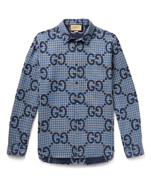 Gucci Blue Checked Logo-jacquard Wool Shirt for men