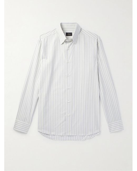 Brioni Gestreiftes Hemd aus einer Baumwoll-Seidenmischung mit Button-Down-Kragen in White für Herren