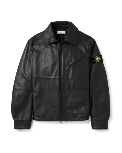 Stone Island Men's Black Logo-Appliquéd Full-Grain Leather Jacket